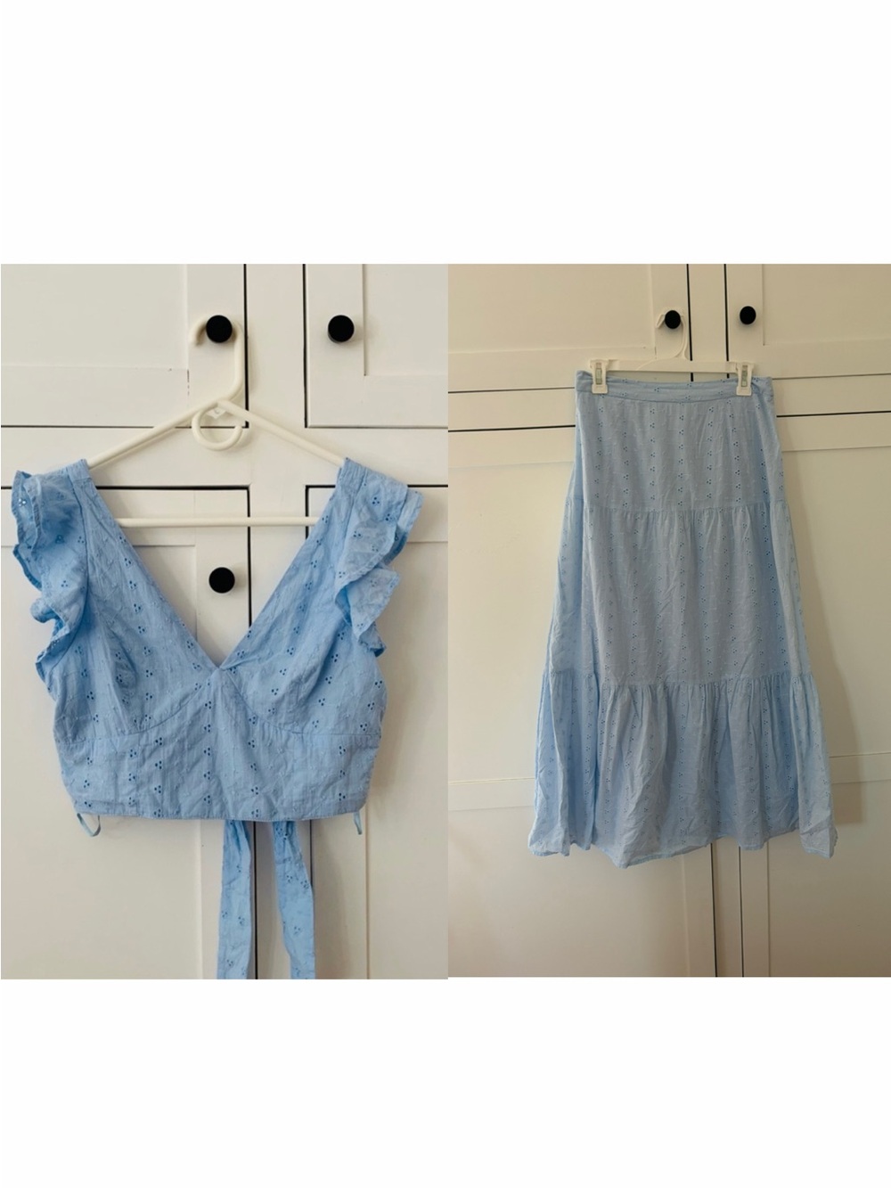 Japna Blue Eyelet Ruffle Crop Top Self Tie Top & Midi Skirt Size Medium